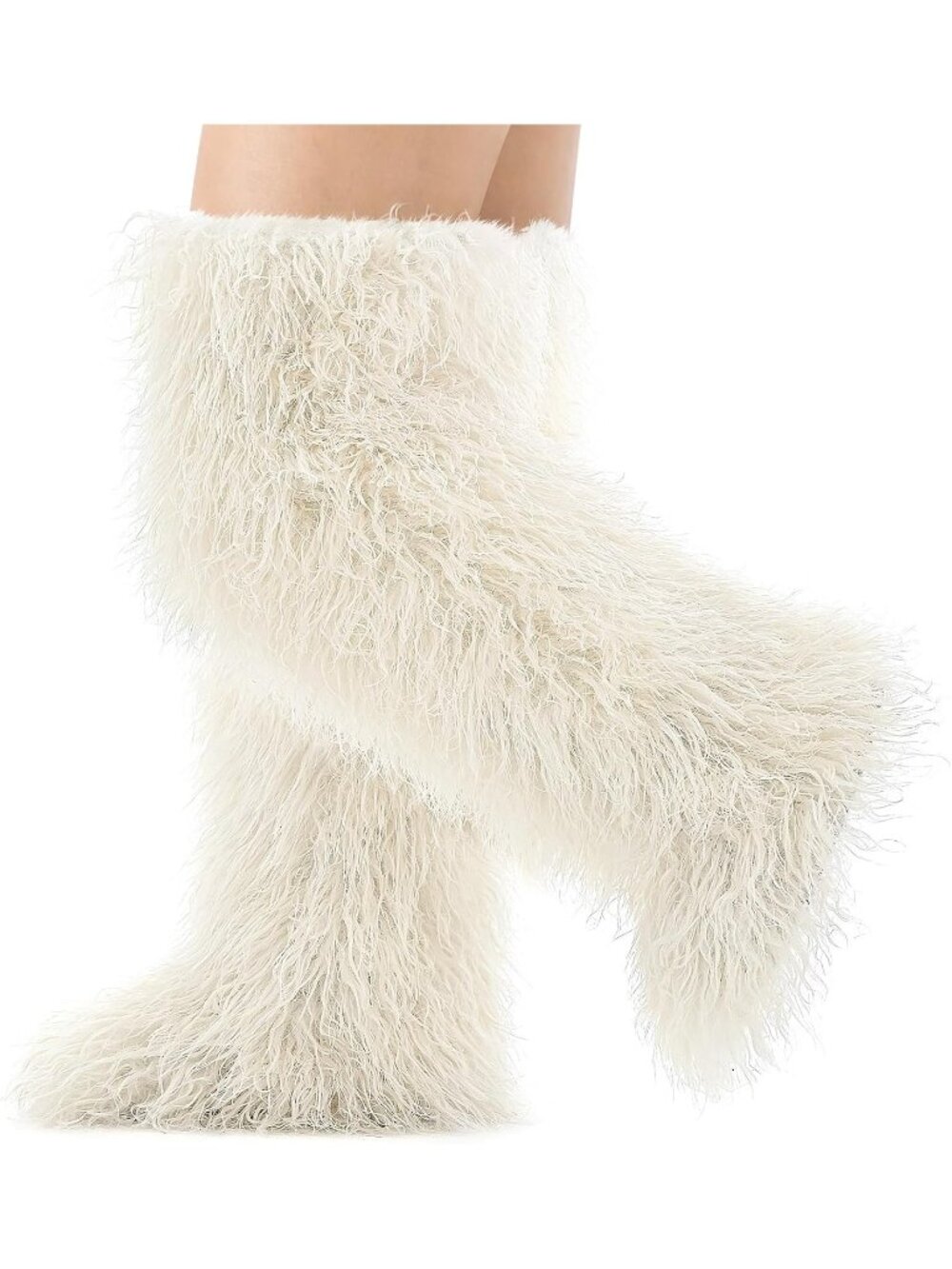 Women's Beige Faux Fur Flat Stretch Over The Knee Furry Thigh High Boots